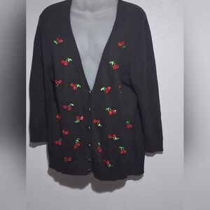 Vintage-Inspired Black and Red Sueter with Cherry Embroidery